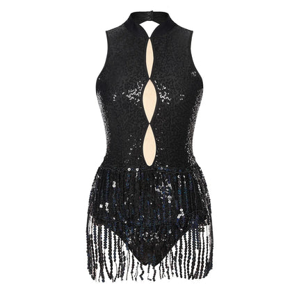 Glitter Sequin Fringe Latin Dance Leotard & Backless Performance Bodysuit