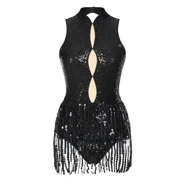 Glitter Sequin Fringe Latin Dance Leotard & Backless Performance Bodysuit
