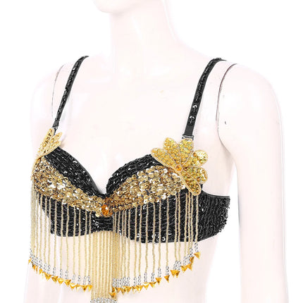 Sparkly Floral Beaded Sequin Belly Dance Bra & Tassel Performance Top