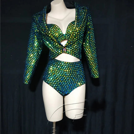 The Stardust Emerald Siren 3-Piece Suit – Luxury Rhinestone Cabaret Ensemble