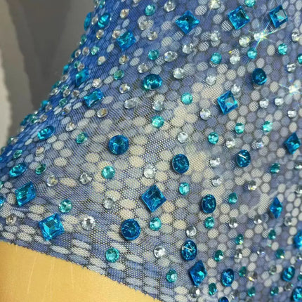 Blue Rhinestones Halter Off-Shoulder Deep V-Neck Mesh Leotard