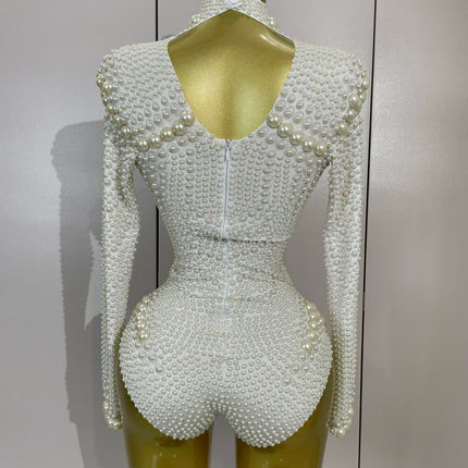 Luxury Full Pearl Long-Sleeved Stage Bodysuit Leotard Evening Performance Costume