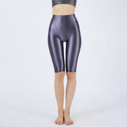 Oil Glossy High-Stretch Knee-Length Shorts Satin Shine Performance Biker Shorts