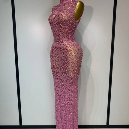Sparkly Rhinestone Sleeveless Maxi Long Dress See-Through Sheer Mesh Stage Outfit