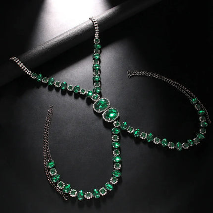 Men's Green Crystal Rhinestone Body Chain Harness Punk Stage Cross Chest Collar