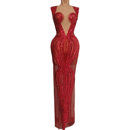 Sparkly Red Rhinestone & Sequin Sleeveless Sheer Mini/Long Dress Stage Costume