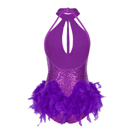 The Stardust Empress Royale – Sequined & Feathered Latin Dance Leotard Dress