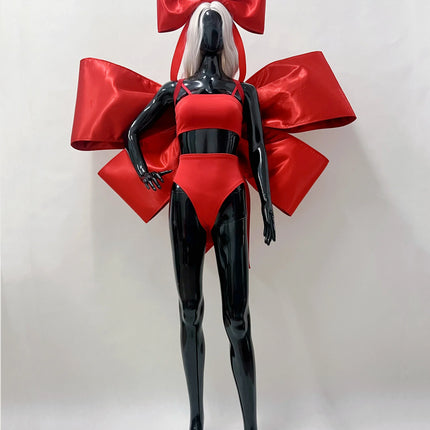 Nightclub Party Carnival Rave Outfit Bar Gogo Dancer Clothes Red Bow Tops Shorts Festival Wear Sexy Drag Queen Costume