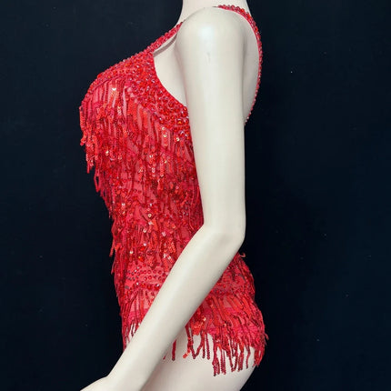 Sparkly Rhinestone & Tassel Bodysuit Stage Performance Dance Costume