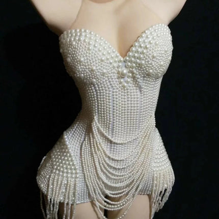 The Stardust Pearl Cascade Bodysuit – Luxury Beaded Tassel Showgirl Costume