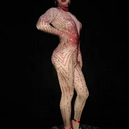 Crimson Red Rhinestone Catsuit Long Sleeve Illusion Stage Performance Jumpsuit