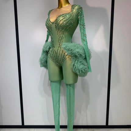 Luxury Green Diamonds Mesh See-Through Long Sleeve Jumpsuit Stage Performance Costume