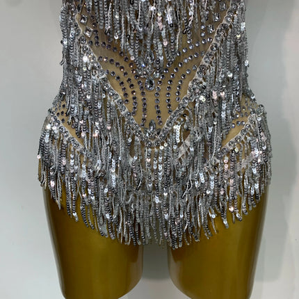 Sparkly Rhinestone Tassel Backless Mesh Bodysuit Luxury Stage Performance Costume