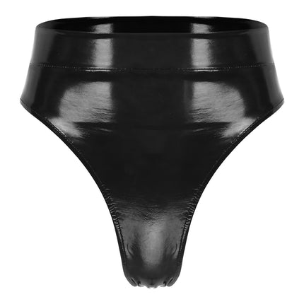 High-Waist Patent Leather Wet-Look Briefs with Adjustable Back Buckle Belt