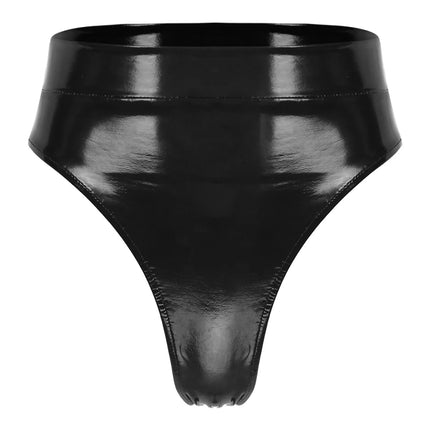 High-Waist Patent Leather Wet-Look Briefs with Adjustable Back Buckle Belt