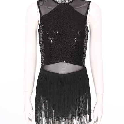 Women Sequins Diamond Latin Jazz Dance Costume Sleeveless Cutout Back Flowy Tassel Dress Leotard Tango Cha-Cha Samba Dancewear