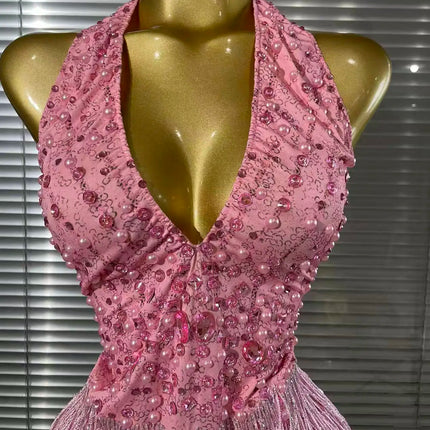 Vintage-Inspired Beaded Tassel Bodysuit Performance Costume