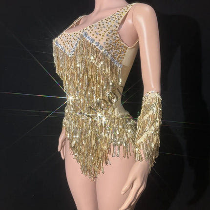 Gold Sparkly Rhinestone, Sequin & Tassel Bodysuit Stage Performance Costume