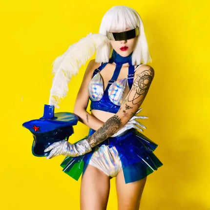 Holographic Silver Laser Bikini, Ruffle Skirt & Captain Hat 3-Piece Stage Costume Set