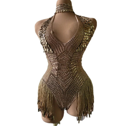 Gold Sparkly Rhinestone & Sequin Deep V-Neck Leotard Stage Performance Costume