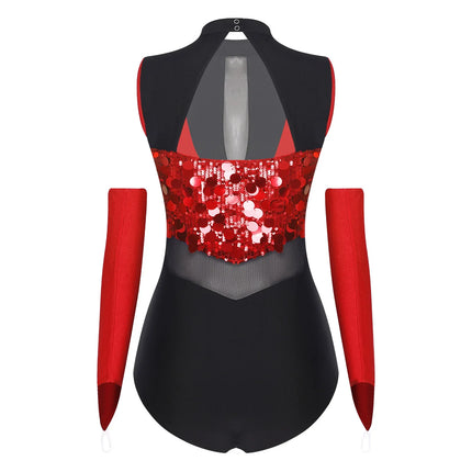 Sparkly Sequin Mock Neck Dance Leotard & Gloves Two-Piece Bodysuit Set