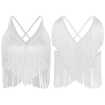V-Neck Crisscross Back Tassel Fringe Crop Top Latin Salsa Dance Costume
