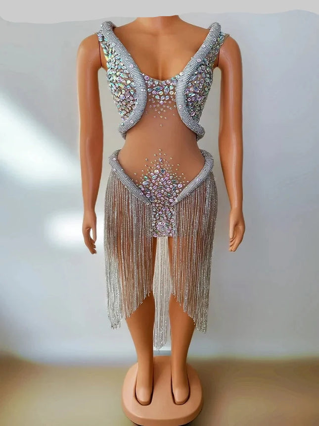 Multi-Color Crystal Rhinestone & Long Tassel Low-Neck Stage Mini Dress