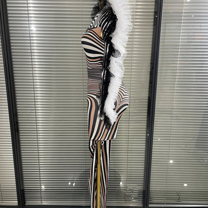 Zebra Print Illusion Catsuit & Feather Wing Bolero Jacket 2-Piece Stage Costume Set