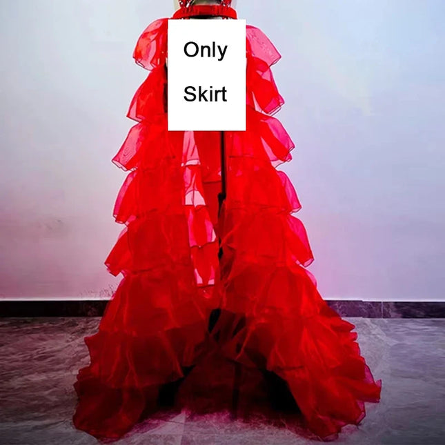 Hollow-Out Rhinestone Bodysuit & Feathered Layered Skirt Carnival Costume Set