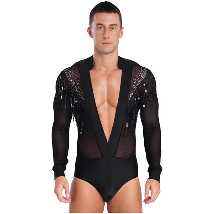 Men's Latin Salsa Sequin Tassel & Rhinestone V-Neck Performance Leotard Bodysuit