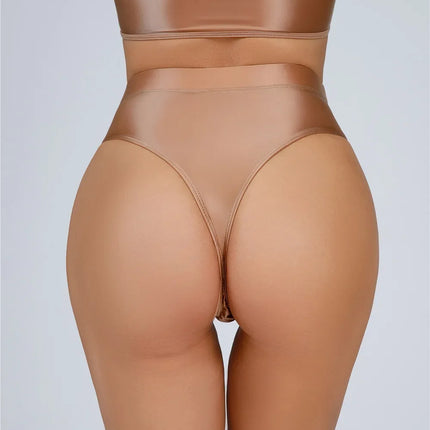 High-Waist Oil Glossy Sheer G-String Thong Satin Smooth Seamless Briefs