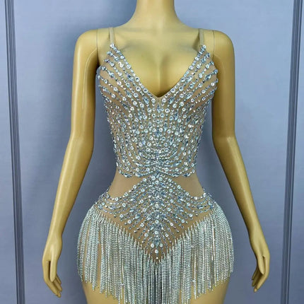 Sparkly Silver Rhinestone Tassel Sheer Mesh Stage Bodysuit Leotard Costume