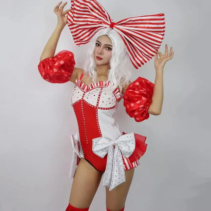 Red White Bow Rhinestones Bodysuit Women Candy Striped Headgear Costume Nightclub Dancer Team Performance Outfit