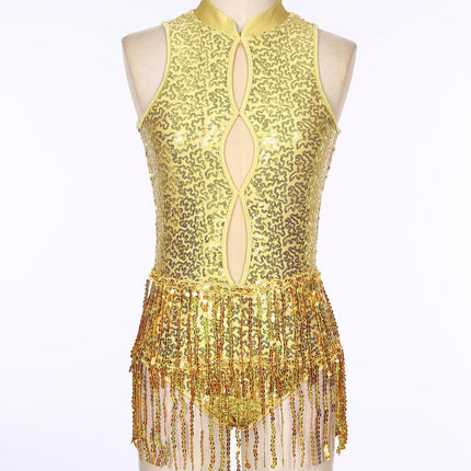 Glitter Sequin Fringe Latin Dance Leotard & Backless Performance Bodysuit