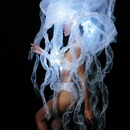Pearl & Crystal Bustier Bikini Set & LED Illuminated Jellyfish Tentacle Headdress Stage Costume