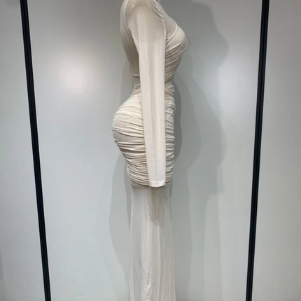 Ruched Mesh Draped Bodycon Maxi Dress Long Sleeve Illusion Evening Gown