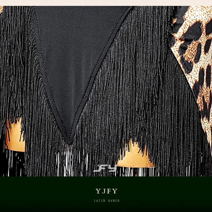 Black Open-Back Leotard & Leopard Print Fringe Skirt Latin Dance Costume Set
