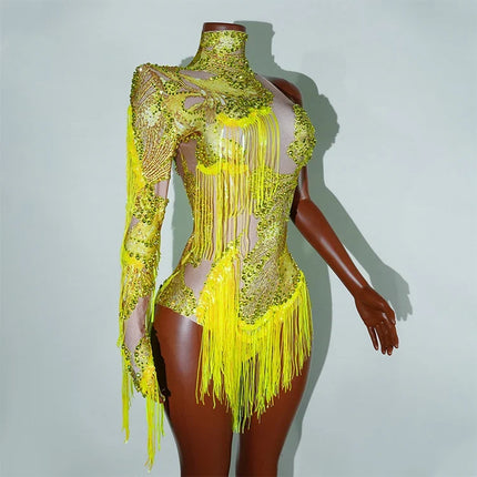 Leopard Sequin Fringe Asymmetrical Bodysuit One-Sleeve Stage Performance Costume