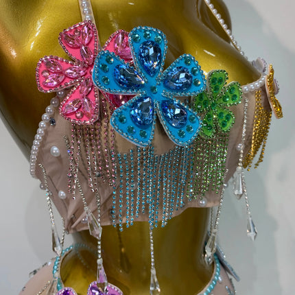 Colorful Rhinestone Pearl Sheer Dress & Two-Piece Mini Skirt Set Celebration Outfit