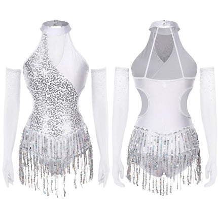 Sequined Fringe Latin Dance & Figure Skating Jumpsuit Leotard Set with Mesh Gloves