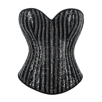 Sequined Striped Overbust Corset Top Lace-Up Plastic Boned Burlesque Bustier