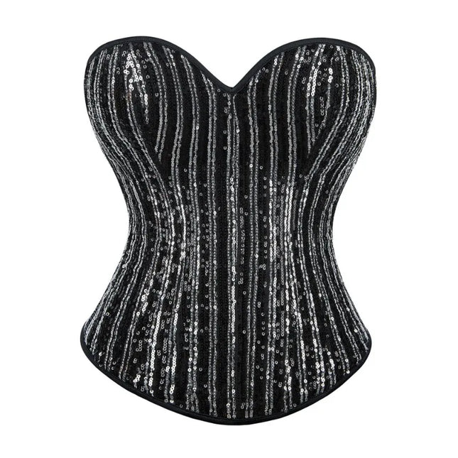 Sequined Striped Overbust Corset Top Lace-Up Plastic Boned Burlesque Bustier