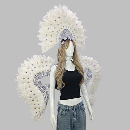 Carnival Elegant Ladies Feather Headdress Wings Two-Piece Role Play Catwalk Halloween Masquerade Carnival Party Suit