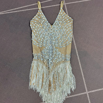 Flashing Crystal Rhinestone Chain Sheer Nude Mesh Stage Bodysuit Dance Leotard