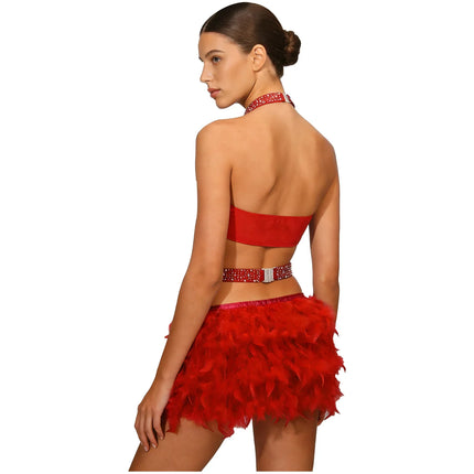 Glittery Rhinestone & Faux Feather Latin Dance Leotard Halter Bodysuit
