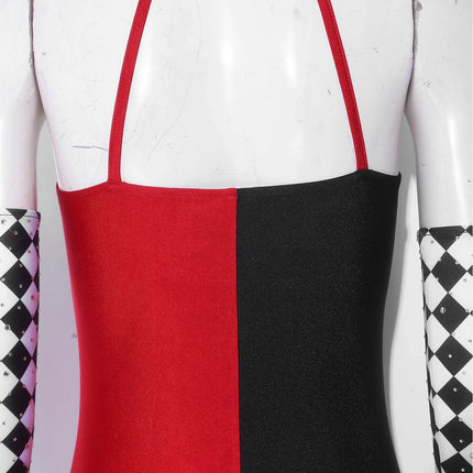 Circus Harlequin Clown Plaid Halter Bodysuit & Arm Sleeves 2-Piece Cosplay Costume Set