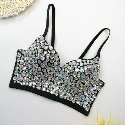 Rhinestone Glitter Bustier Corset Top Hook-and-Eye Nightclub Party Bralette
