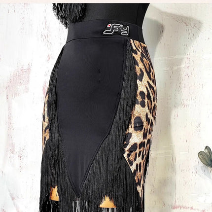 Black Open-Back Leotard & Leopard Print Fringe Skirt Latin Dance Costume Set