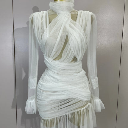 White High Collar Long Sleeve Solid Mesh Sexy See Through Ruffle Mini Dress
