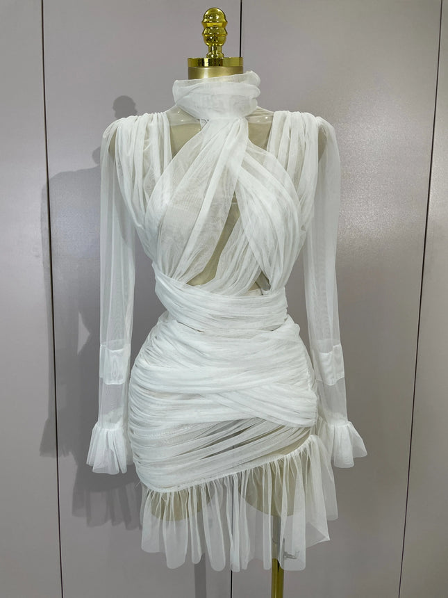 White High Collar Long Sleeve Solid Mesh Sexy See Through Ruffle Mini Dress